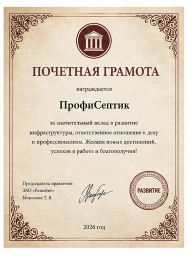 Почётная грамота — ЗАО «Развитие», 2026