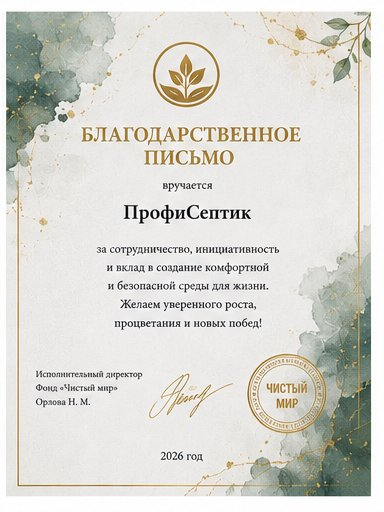 Благодарственное письмо — Фонд «Чистый мир», 2026